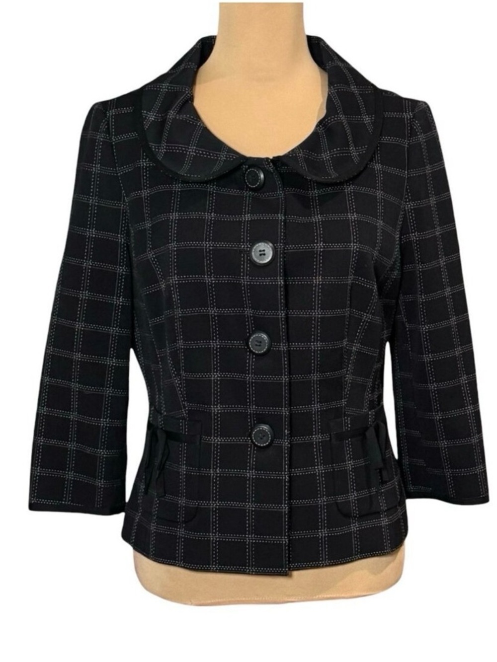 Vintage Twee Retro Plaid Blazer Jacket Sz 8 Black Bow Office Wear Work Preppy